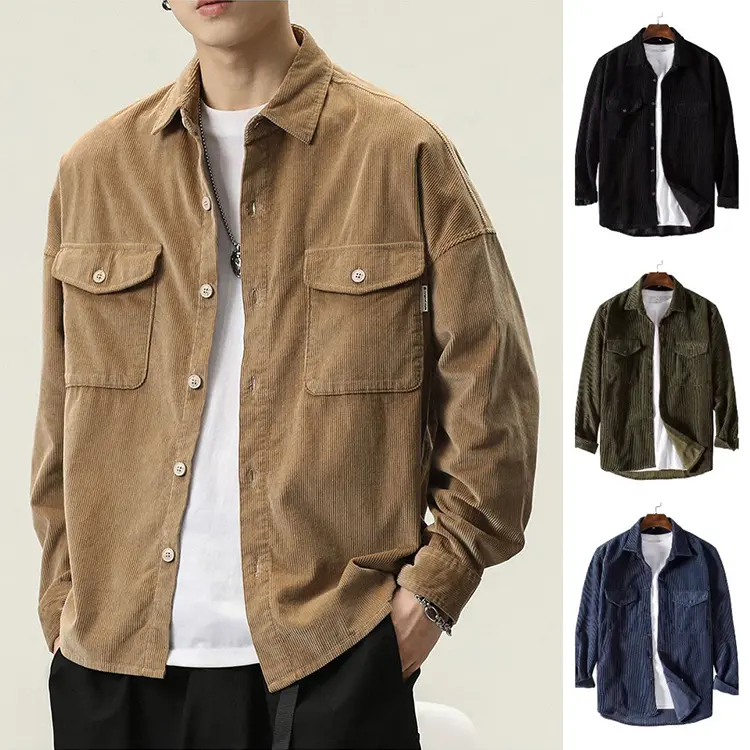 57% OFF CCC-H Corduroy Plain Long Sleeve Shirt For Men Casual Jacket Menswear Blue Beige Machine Washable Tops Vneck White M L XL
