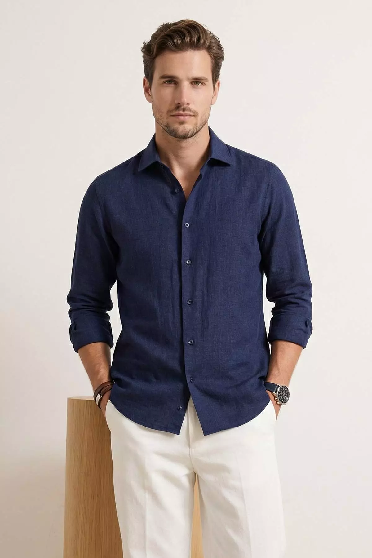 35% OFF Trendyol  Navy Blue Regular Fit Linen Look Seasonal Men'S Woven Shirt
