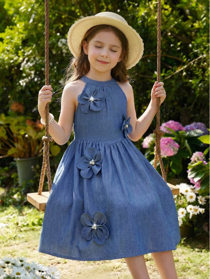 19% OFF Elladie kids 1pc Young Girl Sweet Academic Style Washed Blue Floral Decor Halter A-Line Midi Dress, Cute & Energetic Yet Retaining Academic Vibe, Suitable For Campus, Family Outing, Birthday Party, Art Performance And Other Occasions
