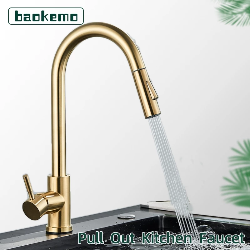 53% OFF Baokemo Golden Stainless Steel Kitchen Faucet Flexible Pull Out Two Modes Nozzle Hot Cold Water Mixer Tap Single Handle