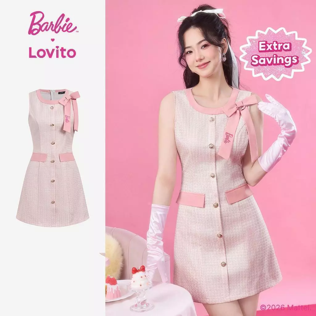 34% OFF Barbie™ X Lovito Women Formal Casual Dress Elegant Sweet Embroidery Colorblock Spring/summer Pink Dress LB1AD033