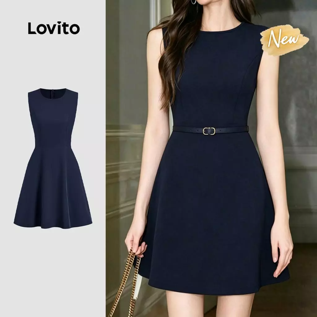 34% OFF (New Arrival) Lovito Women Elegant Dress Zipper Spring/summer Dark Blue Dress L196LD514