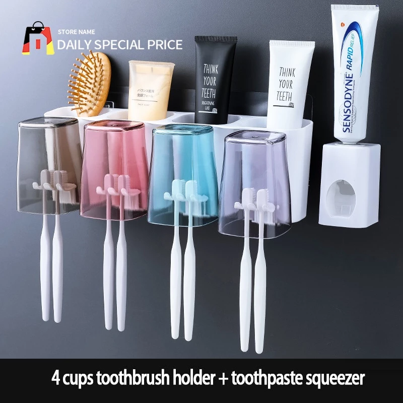 51% OFF No Drilling Toothbrush Holders with Toothpaste Dispenser Set Bathroom Storage Rack Organizer