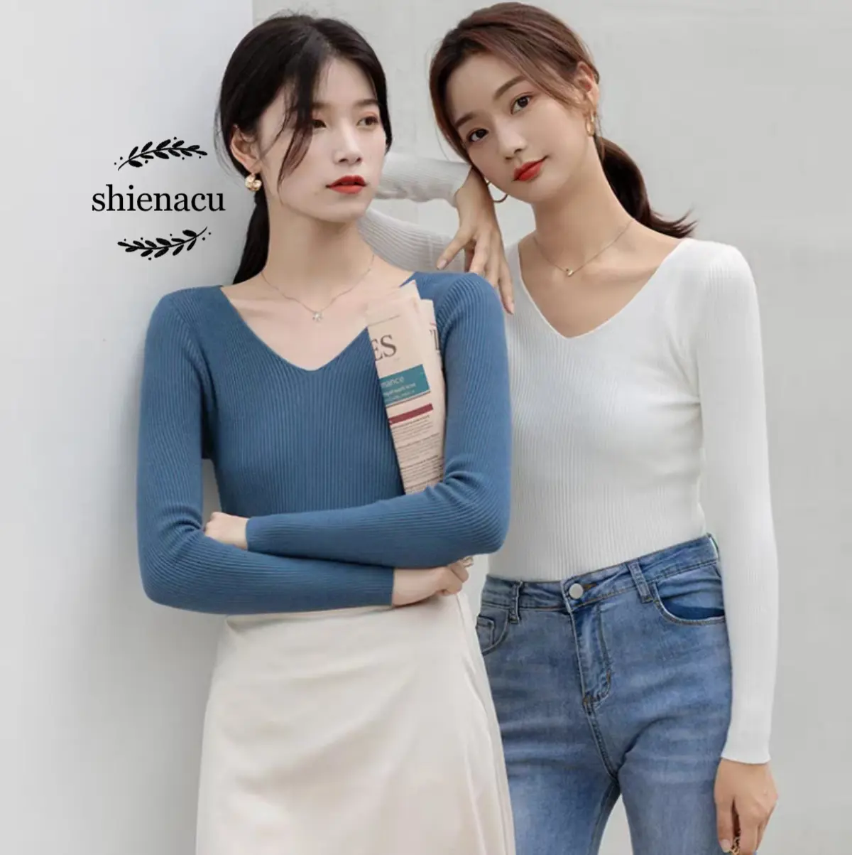 66% OFF &Shienacu& Women's V-neck Longsleeve Knitted Blouse Fashion Light