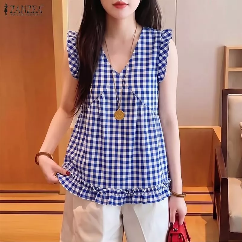 42% OFF ZANZEA Celmia Women's Korean Casual V neck Plaid Ruffle Edge Loose A-Line Fashion Tanks