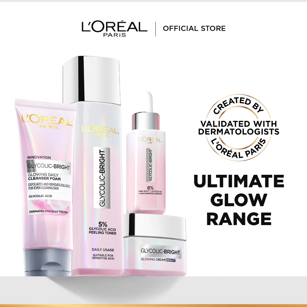 19% OFF LOreal Paris Glycolic Bright Glow Set: Cleanser 100mL, Toner 128mL, Serum 30mL, Night Cream 50mL