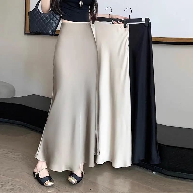 23% OFF High-grade acetate satin skirt for women in summer, medium and long, small and drapey, A-line hip-wrapped fishtail long skirt 8807 Maxi Minimalist Lady