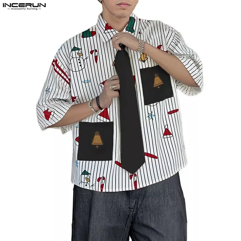 68% OFF INCERUN Men's Striped Christmas Snowman Tie Shirt