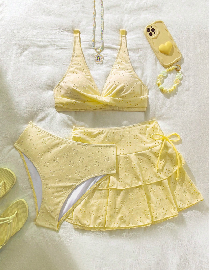 2% OFF Swim Mod Women's Summer Beach 3 PiecesSwimsuit Set: Knit Top With Criss-Cross Front, Double-Layer Cake Skirt With Bow Sides
