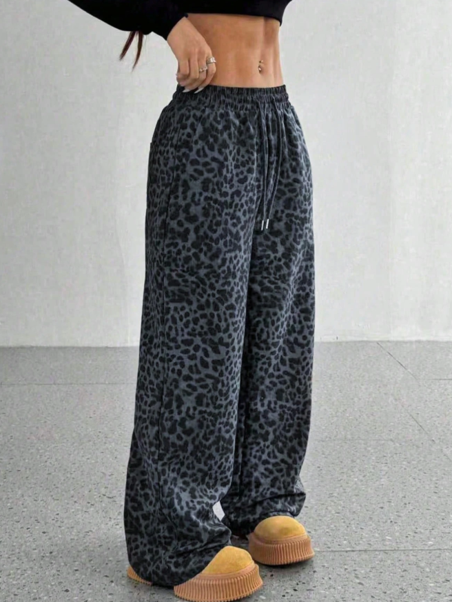 45% OFF Spring Leopard Print Casual Loose Drawstring Waist Women's Wide Leg Pants, Spring, Autumn, Summer And Winter Can Be Worn As Daily Wear Women's Pants, Women's Straight Pants, Women's Casual Pants, Women's Pants Vacation