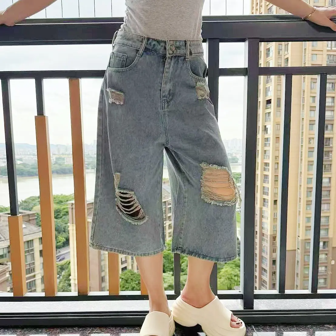 47% OFF Frayed Wide-Leg Denim Shorts | Vintage Blue Loose 7-Point Length Jeans | High Waist Fashion style | Unisex