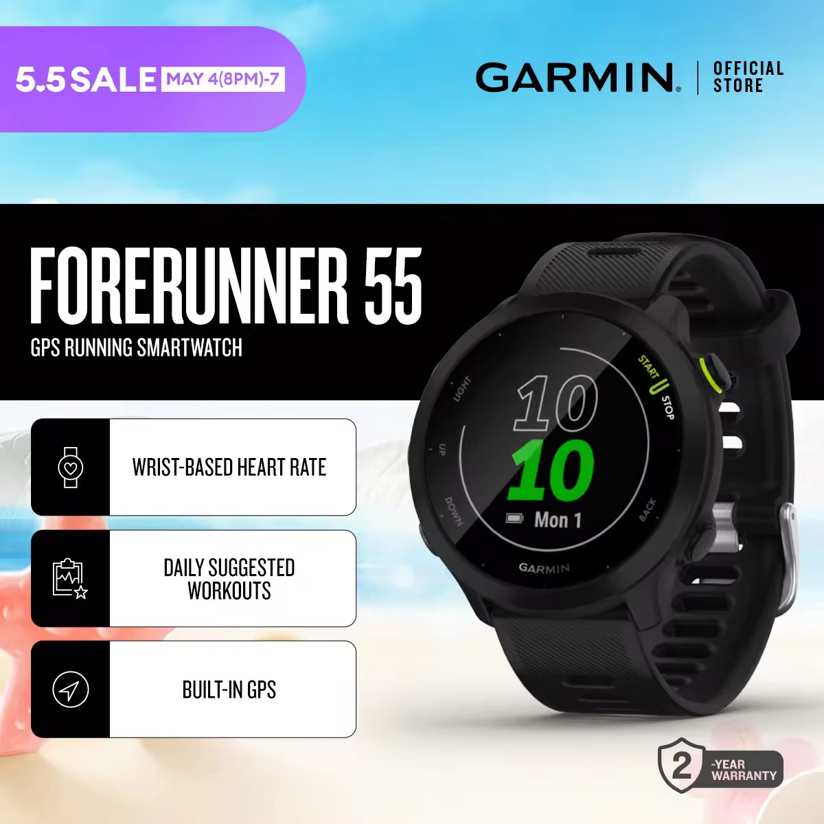 Garmin Forerunner 55, Running Fitness GPS Smartwatch, for Runners, Black