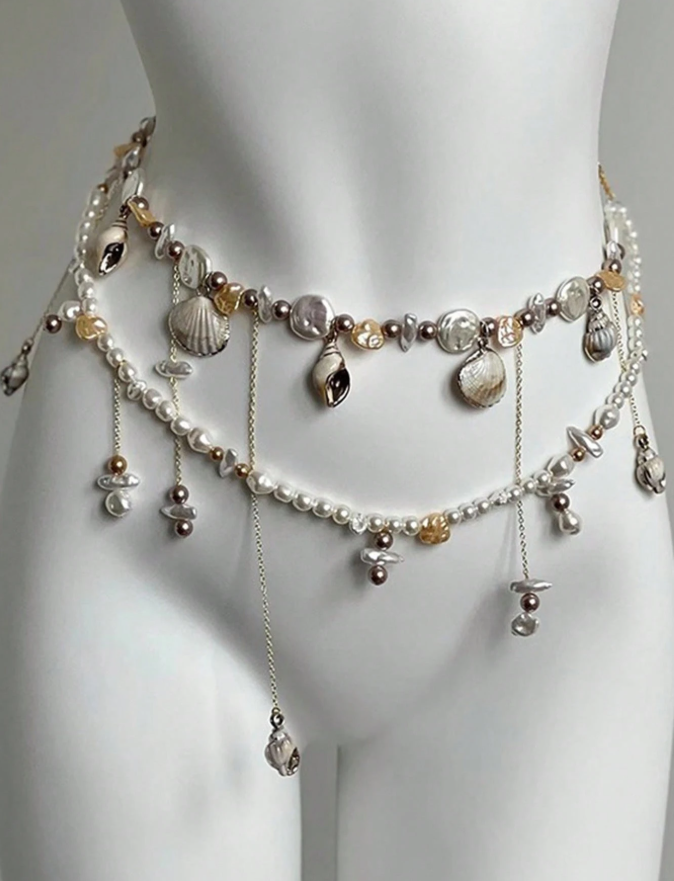 15% OFF ROMWE 1pc Women's Beach Vacation Style Double Layer Baroque Pearl Shell Conch Tassel Waist Chain