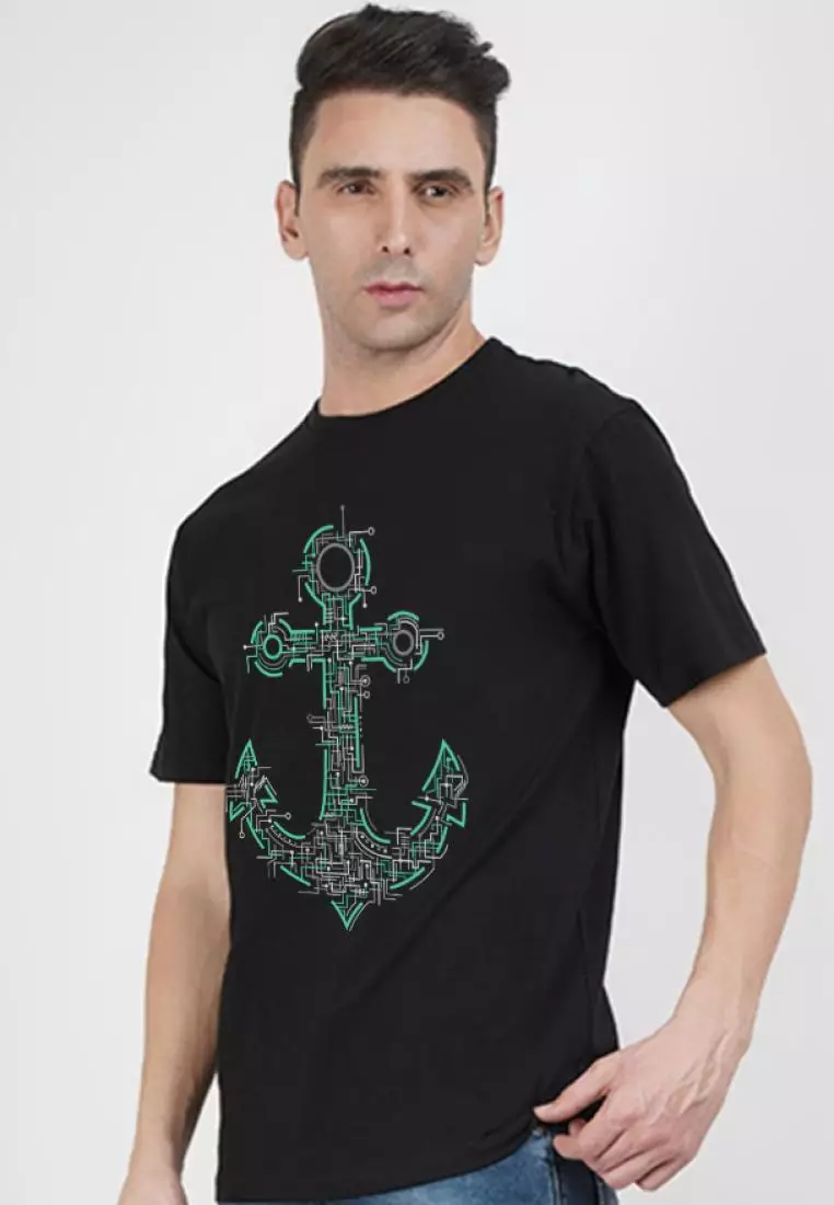 72% OFF QuirkyT Electric Anchor Graphic Black Cotton Short Sleeve Regular Fit Tee