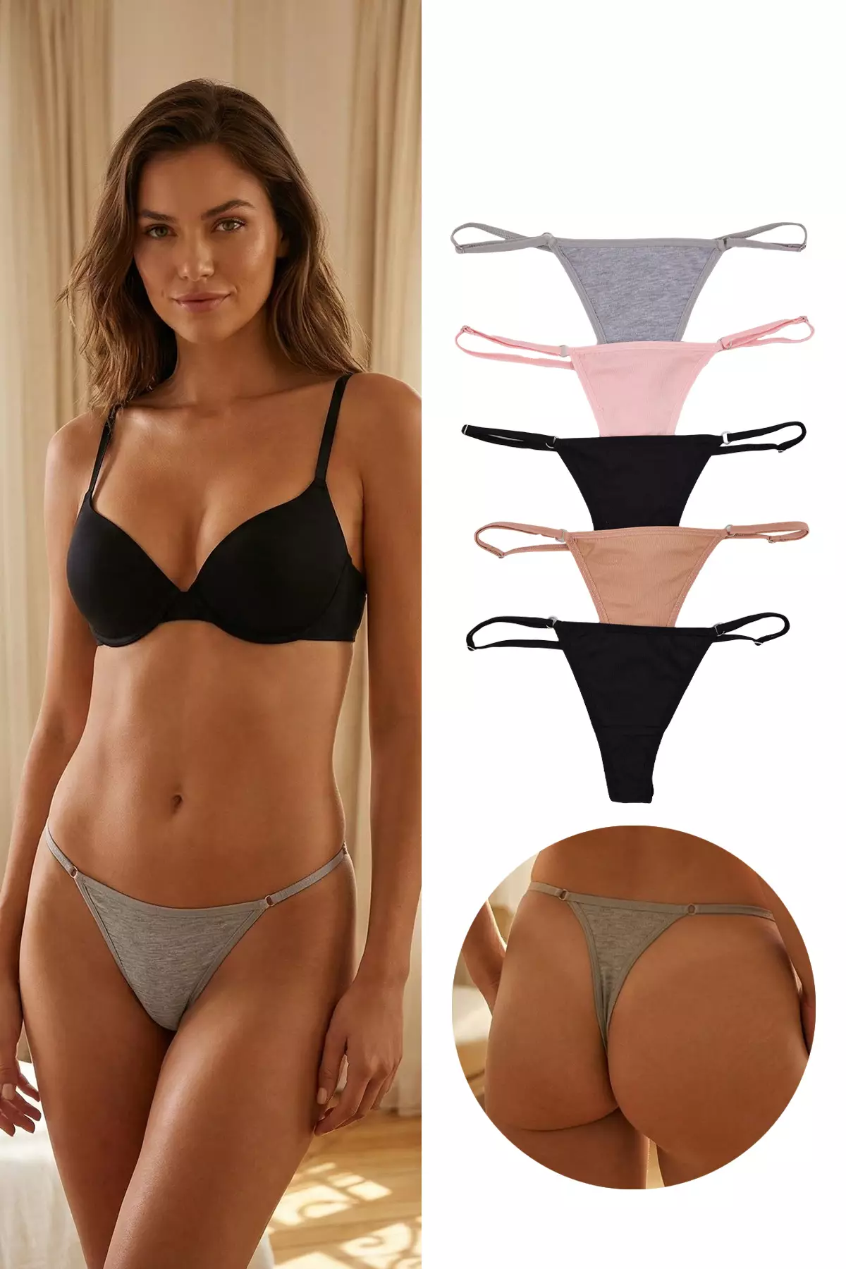 26% OFF Black-Multicolor 5-Pack Adjustable Waist Cotton Thong Knitted Panties Thmss25Ku47