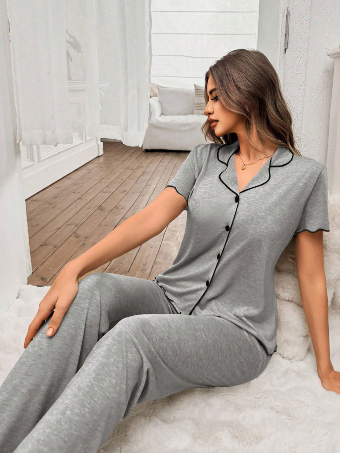 15% OFF Lazeform Casual Loose Oversized Soft Drapey Lightweight Summer Knit Khaki Ruffle Trim Short Sleeve Jumpsuit For Women V Neck Pajama Set Women Lounge Wear Sets Grey Pajama Set