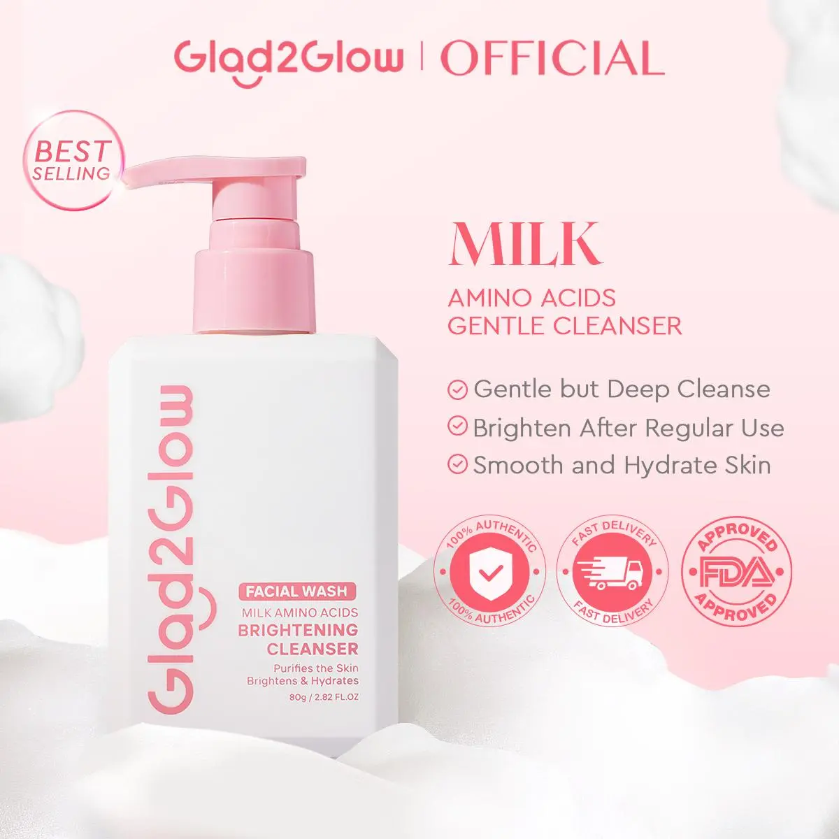 74% OFF [Top 1 Facial Cleanser]Glad2Glow Milk Amino Acid Gentle Facial Cleanser 80g Brighten Comfort Smooth Hydrate Clean Dirt and Makeup