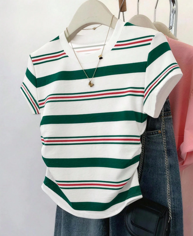 10% OFF Resyla Women's T-Shirt, Multi-Color Striped Printed Pattern Design, Elegant Casual Versatile Summer Outdoor Top For Daily Wear, Shopping, Travel