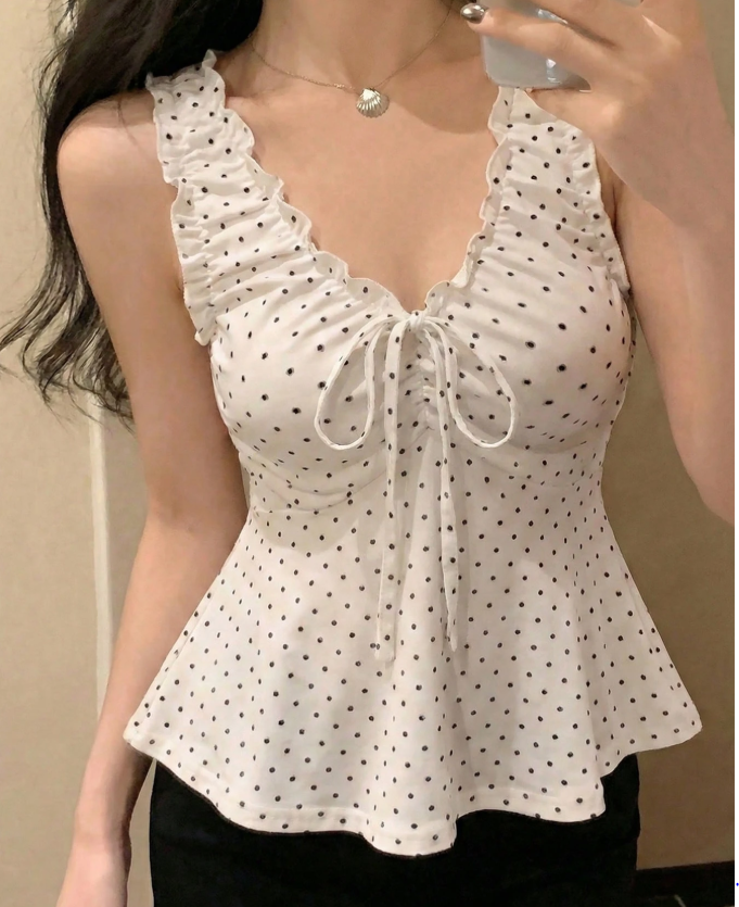 10% OFF DAZY Women's Summer Polka Dot Allover Print Ruched V-Neck Sleeveless Casual Tank Top