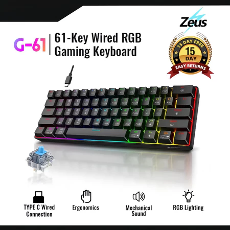 56% OFF Zeus 61 Key Wired Type C Mechanical Keyboard With Blue Switch RGB Gaming Portable Keyboard G-61
