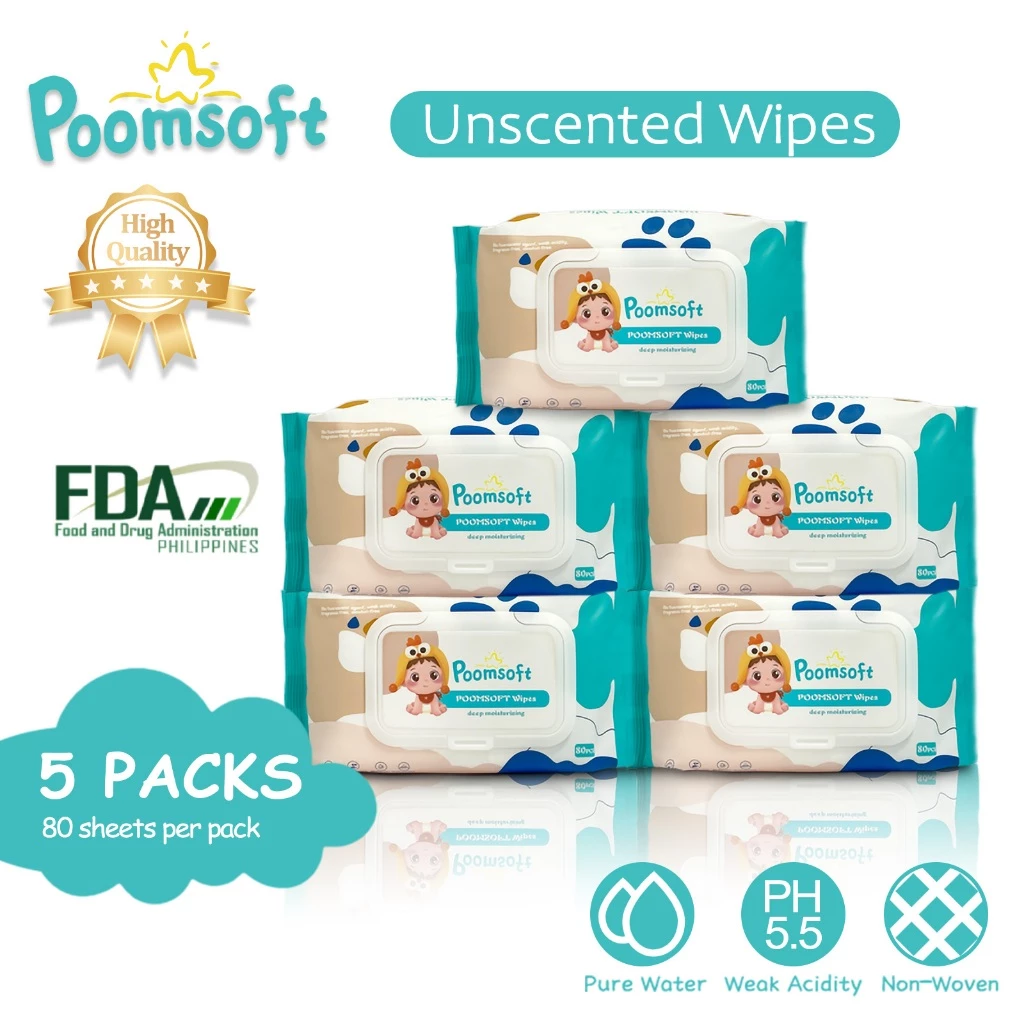 54% OFF Poomsoft 5 Packs x 80 Sheet No-Alcohol Unscented Safe Baby Gentle Wipes Baby Essentials Set Bundle