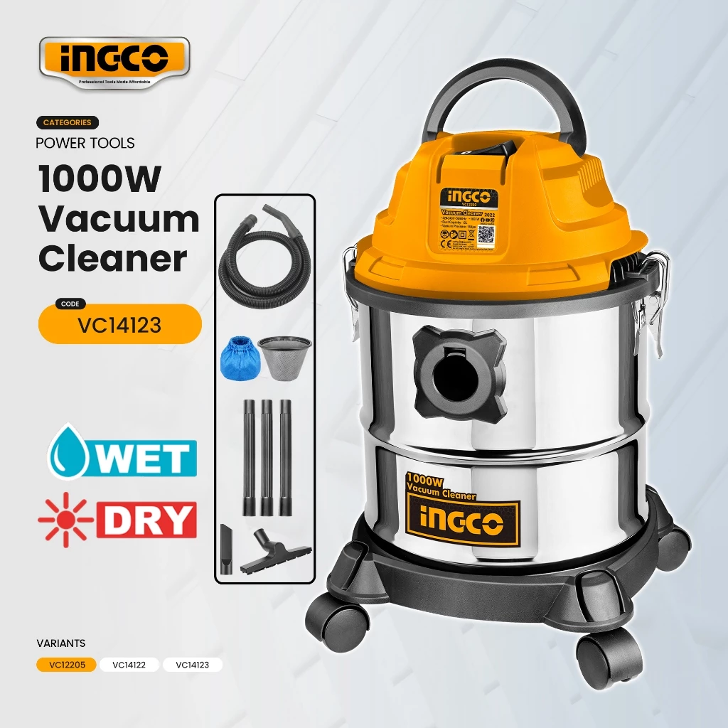 46% OFF INGCO VC12205 1000W Wet & Dry Vacuum Cleaner 15L Capacity Household Floor Cleaning Tools IPT