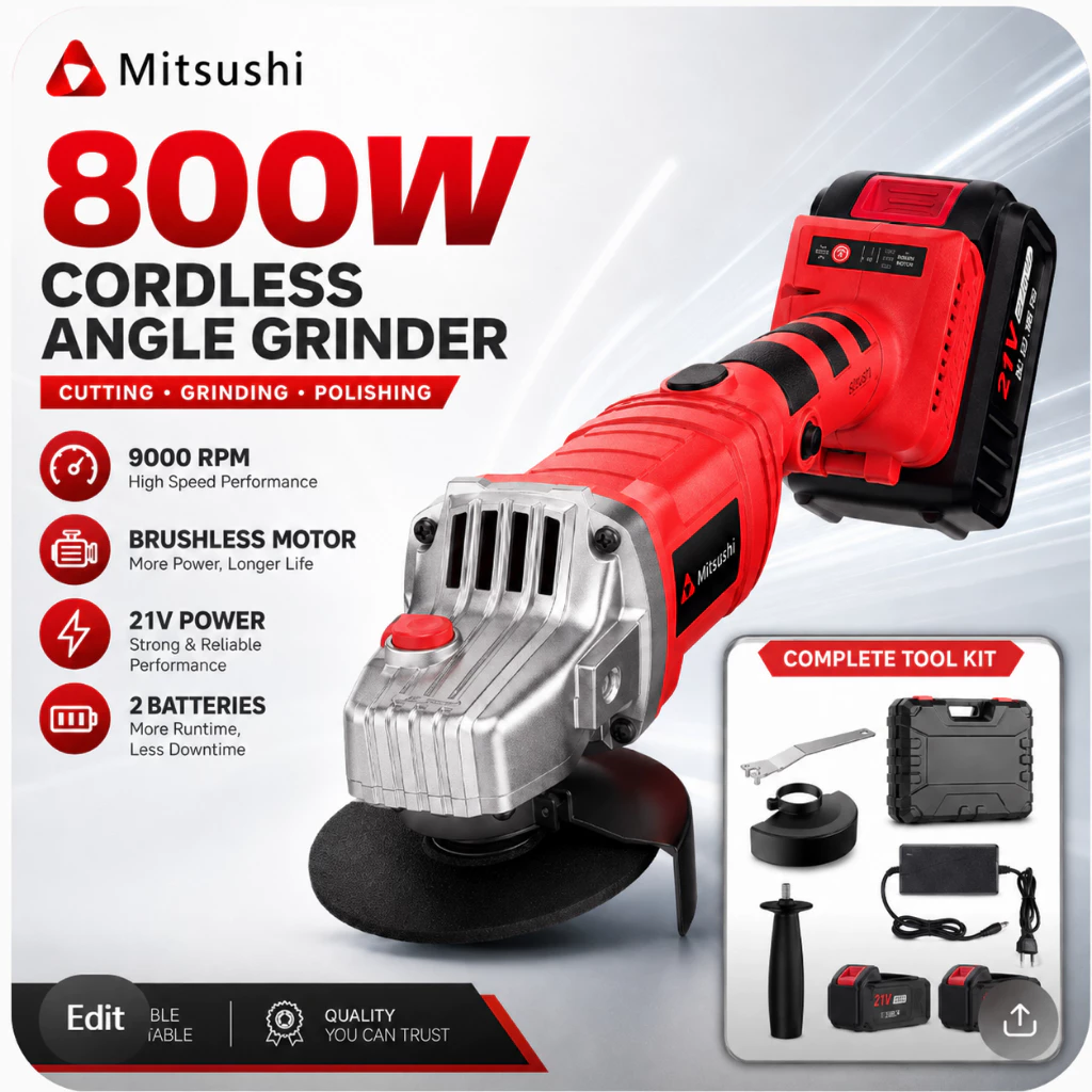 43% OFF Mitsushi 21V 800W Cordless Angle Grinder Kit Electric Grinder Tool for Wood Metal Cutting & Grinding