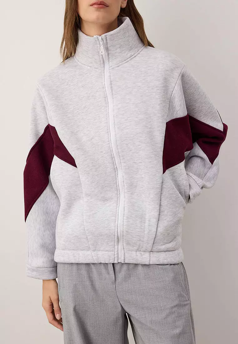 36% OFF Gray Melange Burgundy Color Block Zippered Stand Collar Oversize Bomber Knitted Sweatshirt Twoaw26Sw37