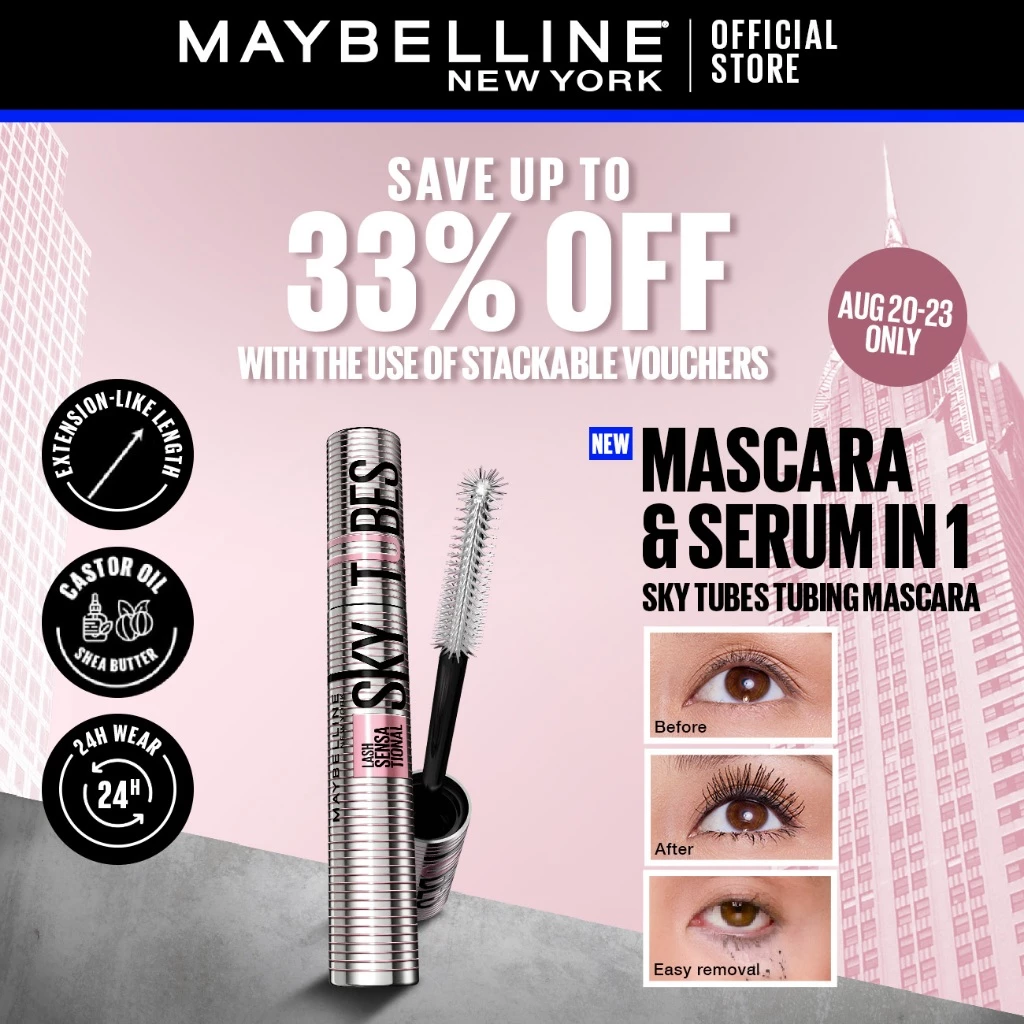 30% OFF Maybelline Sky Tubes - Tubing Mascara, Extension-Like Length, With Shea Butter + Castor Oil