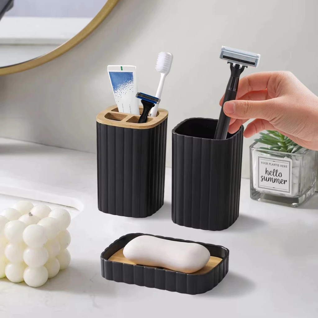 25% OFF Bathroom Set Soap Dispenser Toothbrush Cup and Bamboo Tray Set Countertop Toiletries Storage Set for Farmhouse Bathroom Decor