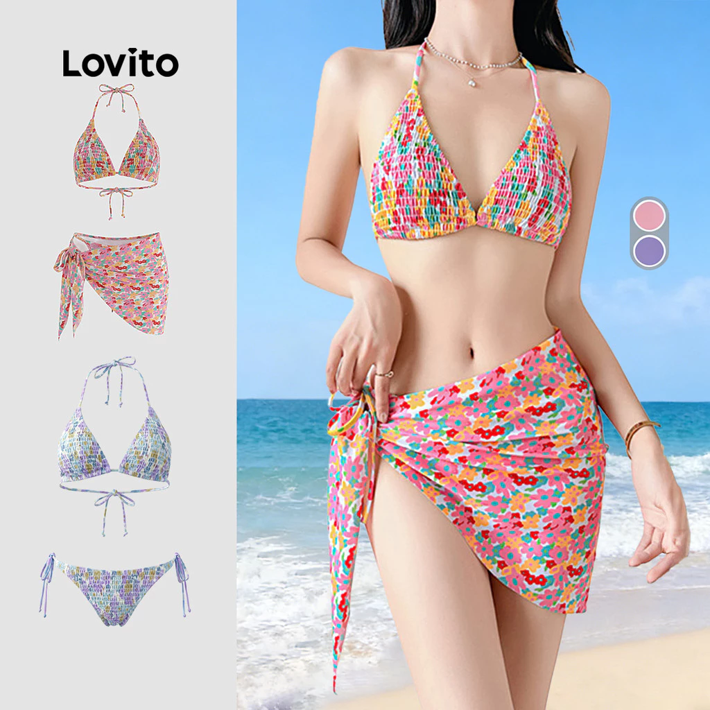 43% OFF Lovito Women Boho Bikini Sets 3 Plicated Spring/summer Blue Bikini Sets LNE141X015