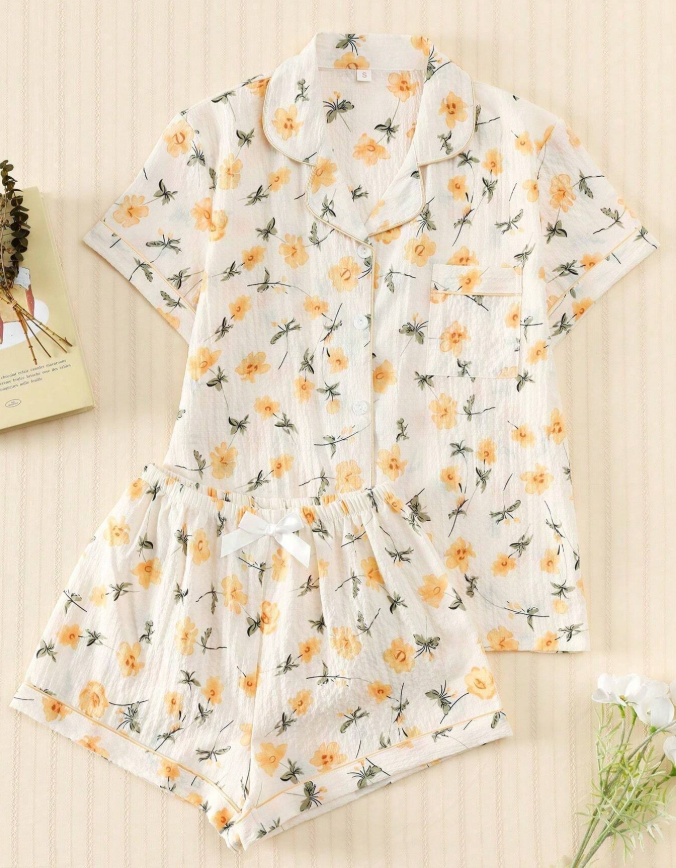 16% OFF 2pcs Women's Yellow Ditsy Floral Summer Pajama Set, Short Sleeve Button-Up Shirt And Shorts, Casual Loungewear