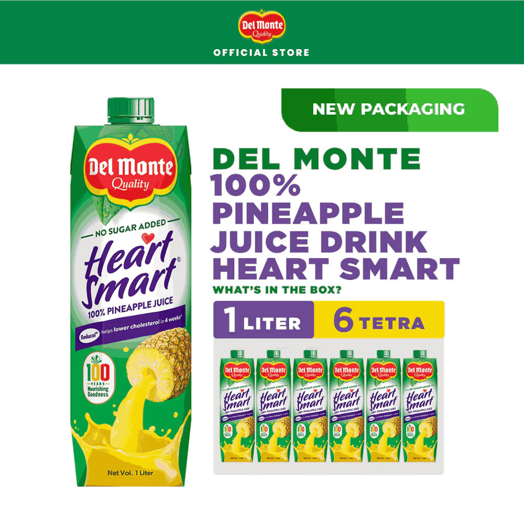 8% OFF DEL MONTE 100% Pineapple Juice Drink Heart Smart with Reducol for Lower Cholesterol - 1L Tetra x 6