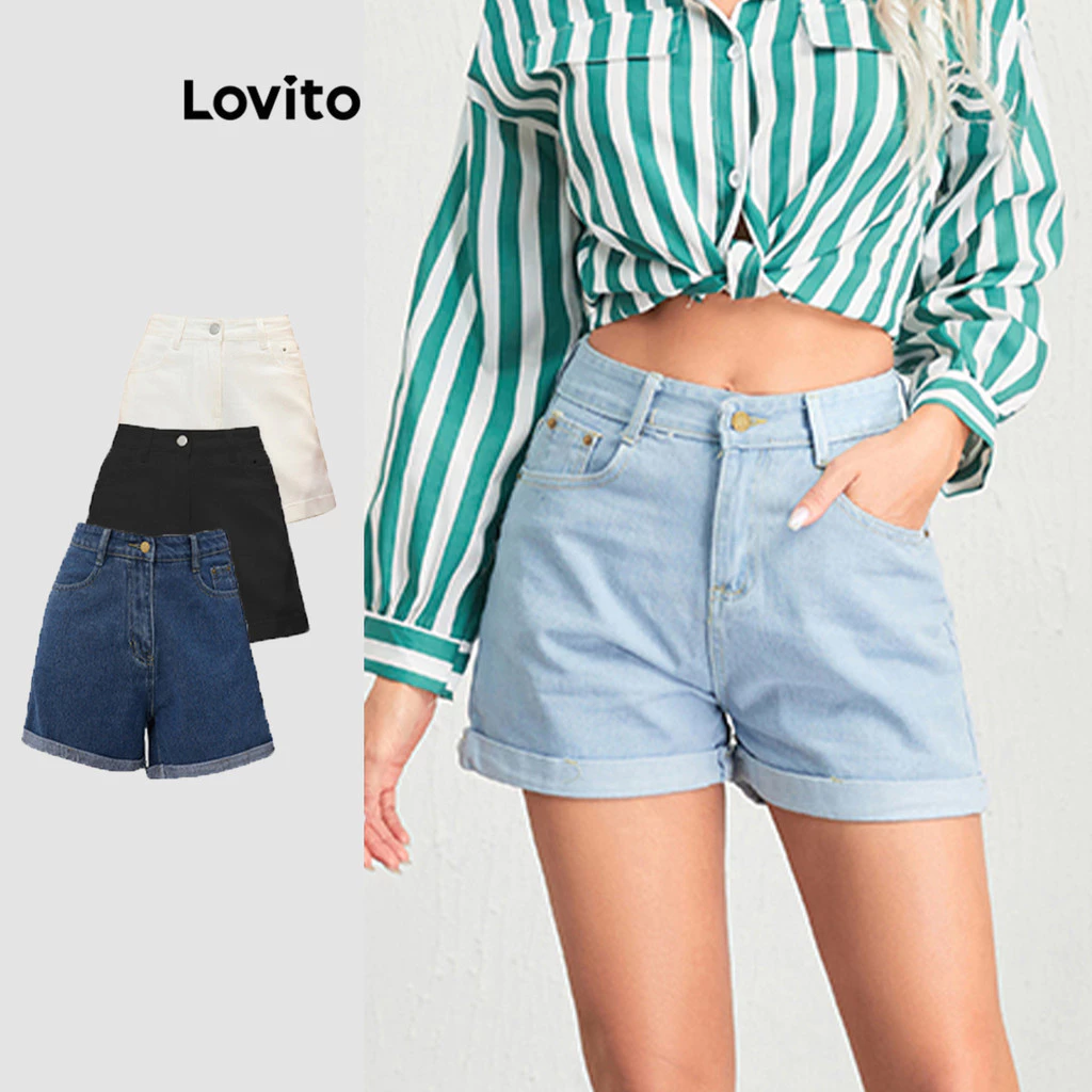 48% OFF Lovito Casual Denim Shorts Pocket Roll Up Pambahay Spring and Summer Shorts for Women L10960