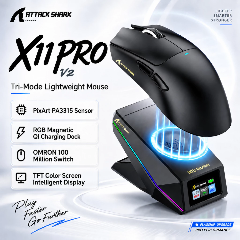 46% OFF ATTACK SHARK X11 PRO V2 Wireless Bluetooth Gaming Mouse TFT Display Charging Dock PAW3315 Sensor DPI