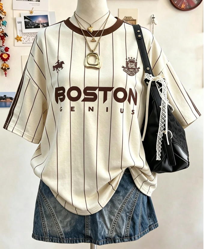 10% OFF Lalippa Letter Pattern Vertical Stripe Print Fashionable Minimalist Oversized Mid-Length Round Neck Drop Shoulder Women's T-Shirt Friend's Gift
