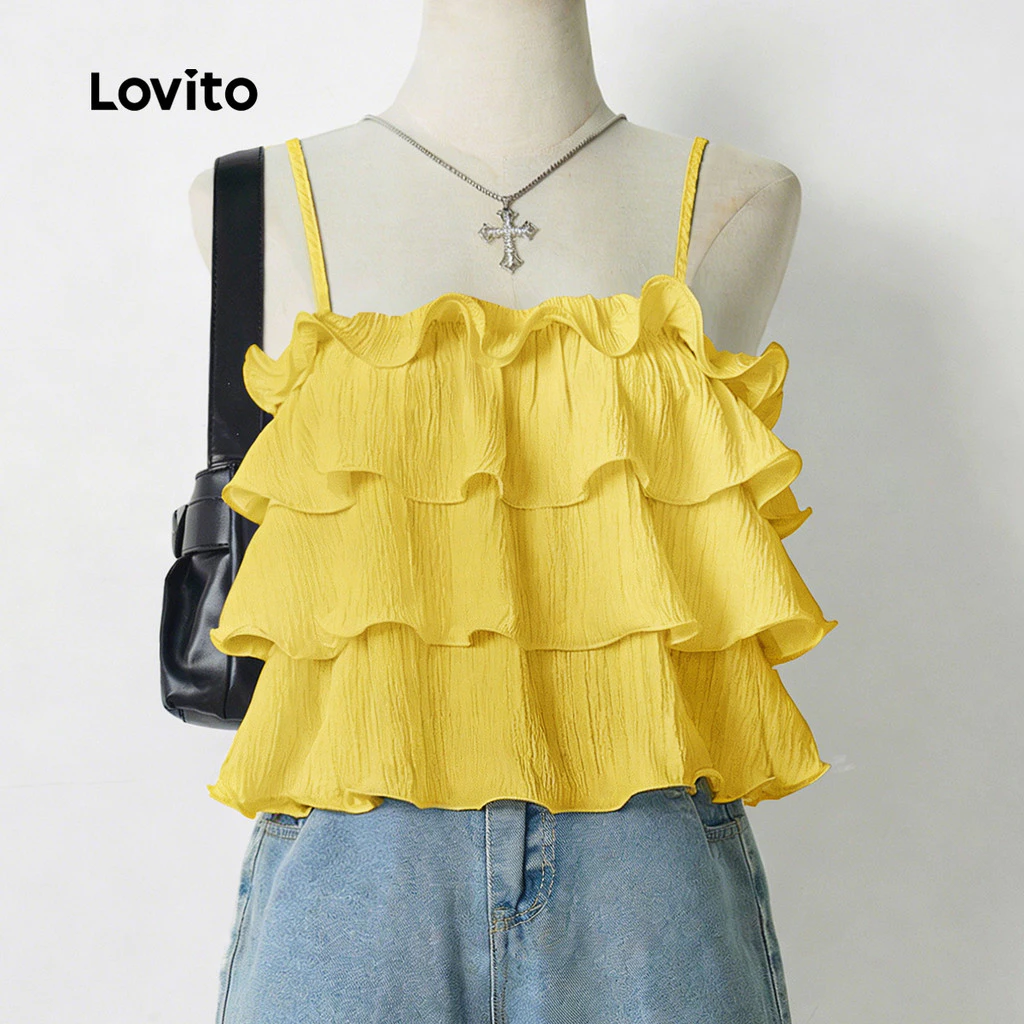 41% OFF Lovito Women Casual Top Lettuce Trim Adjustable Shoulder Strap Tiered Layer Spring/summer Yellow Top LK3ED1071
