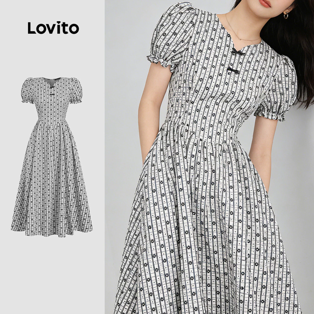 35% OFF Lovito Women Elegant Dress Korean Buckle Ruffle Hem Spring/summer Dress LK2ED794