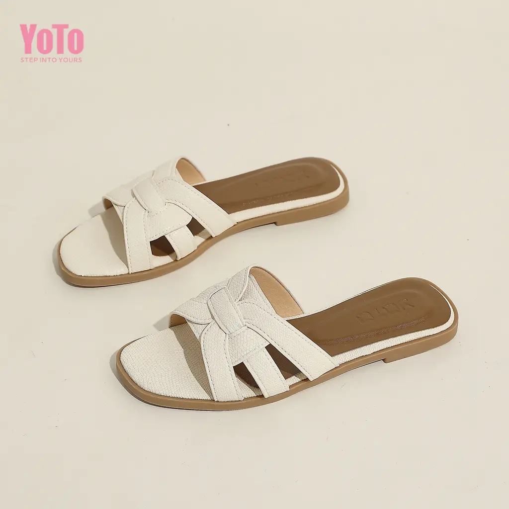 58% OFF YOTO French Style Sandals For Women Girl Leather Cross Strap Outside Summer Comfy Flats Slip-On Footwear
