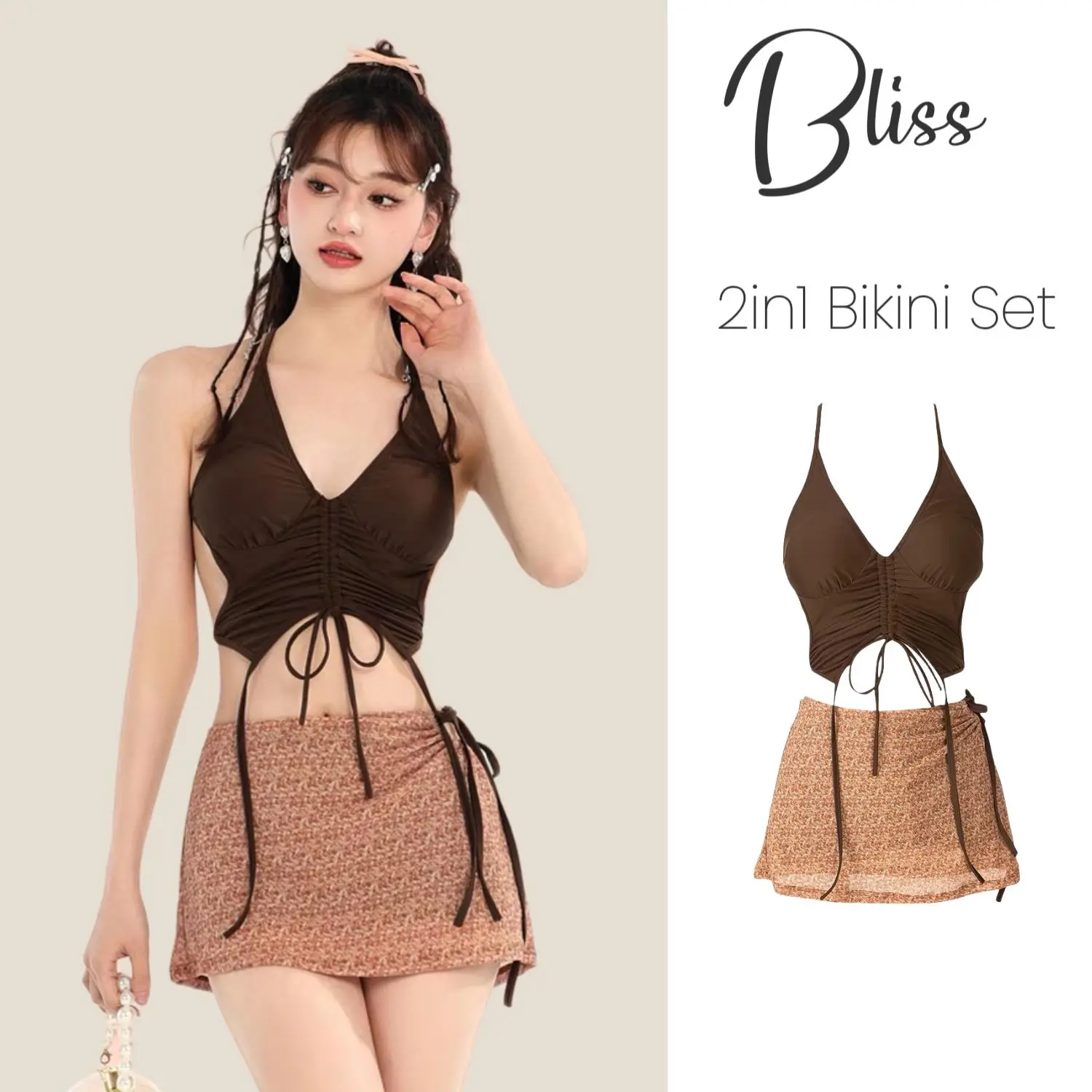 70% OFF BLISS Maillard 2in1 Bikini Set Halter Neck Swim Fashion Swimwear Separated Brown Color Swimsuit with Wrap short Skirt sport outdoors Swimsuit polyester clothes sleeveless womenswear lingerie homewear loungewear