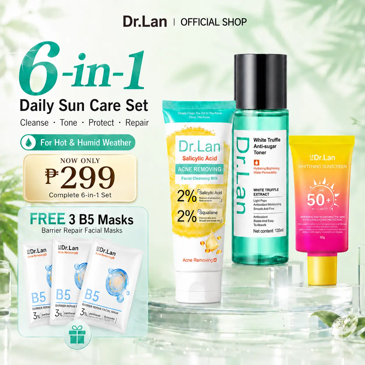 83% OFF Dr.Lan 6-in-1 Daily Sun Care Set for Hot & Humid Weather | SPF50+ Whitening Sunscreen, Salicylic Acid Acne Removing Cleanser, White Truffle Anti-Sugar Toner, Oil Control, Brightening, Pore Care, Moisturizing Face Wash Bundle + Free 3 B5 Masks