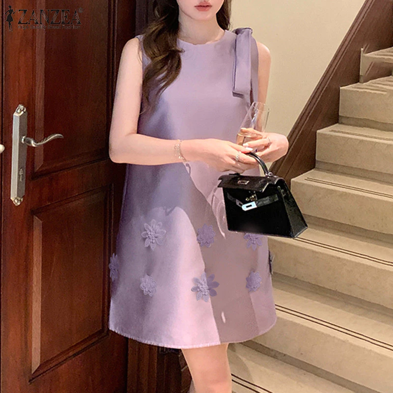 40% OFF ZANZEA Celmia Women Elegant Loose O Neck Flower Sleeveless Dress
