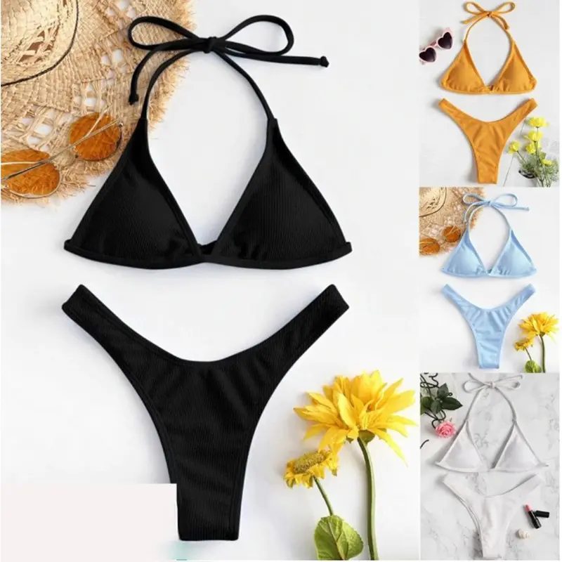 10% OFF Women Solid High Cut Lace Up Halter Bikini Set