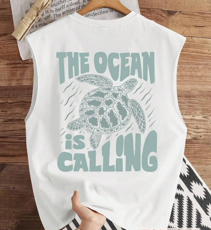 15% OFF Manfinity Joysei Standard Size Men's "Ocean Calling" Sea Turtle Graphic Tank Top, Suitable For Summer