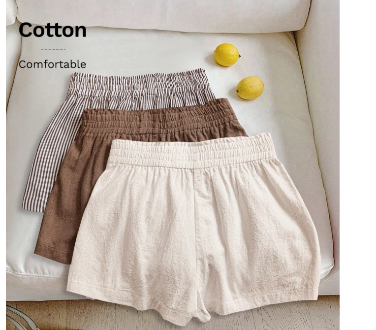 4% OFF SHEIN LUNE 3 Pairs Women Casual Elastic Waist Shorts Set, White Cotton, Brown Striped Chocolate Brown Linen, Comfortable Fabric, Spring/Summer, Casual