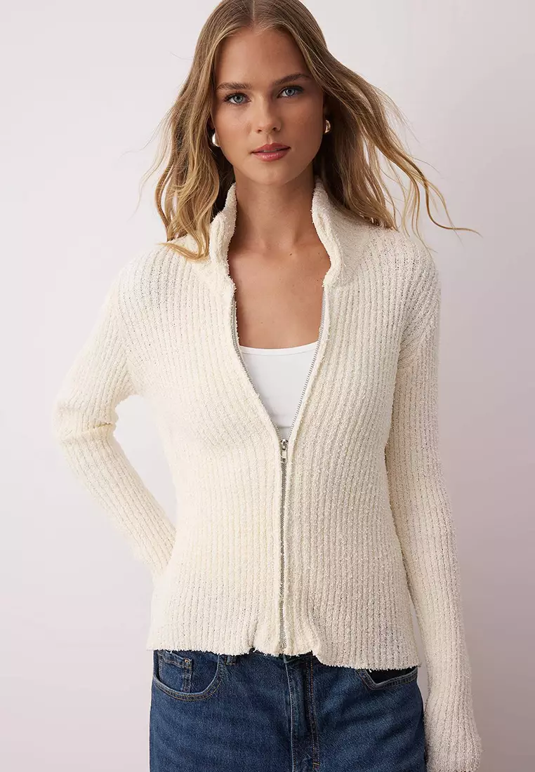 74% OFF Trendyol Stone Zipper Stand Collar Soft Textured Cotton Knitwear Cardigan