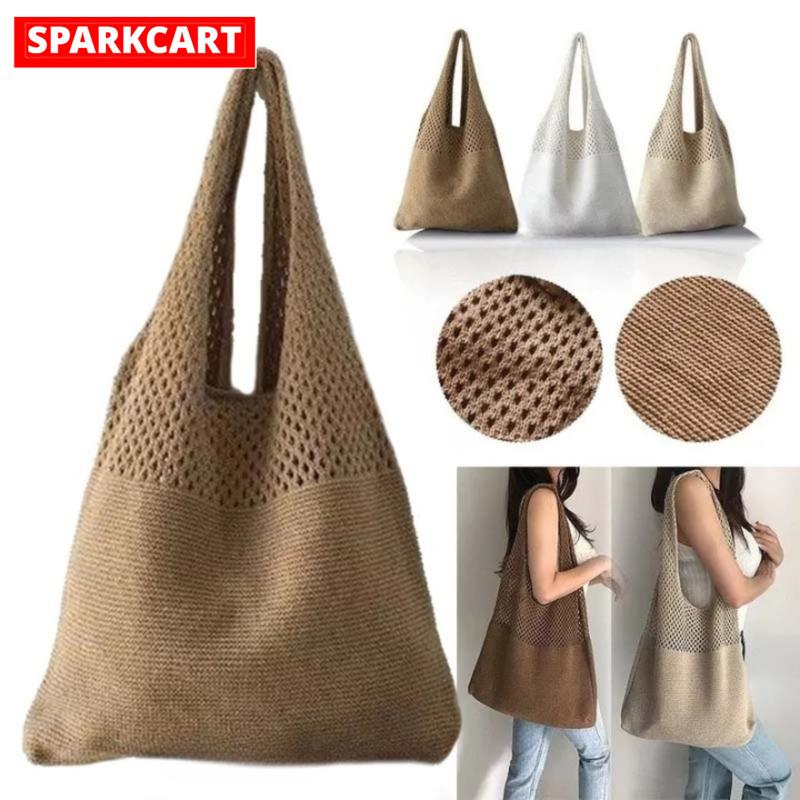 32% OFF 1pcs Korean Vintage Women Knitting Shoulder Bag Hollow Woven Large Capacity Tote Bag