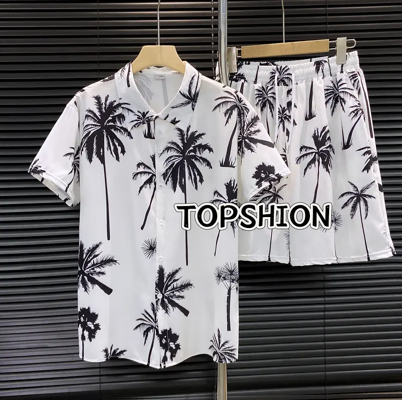 40% OFF TOPSHION New Hawaiian shirt seaside casual shorts trendy men's couple personalized printed beach wear casual two-piece suit short-sleeved loose shirt large size flower shirt thin shorts trendy two-piece suit Menswear Overalls