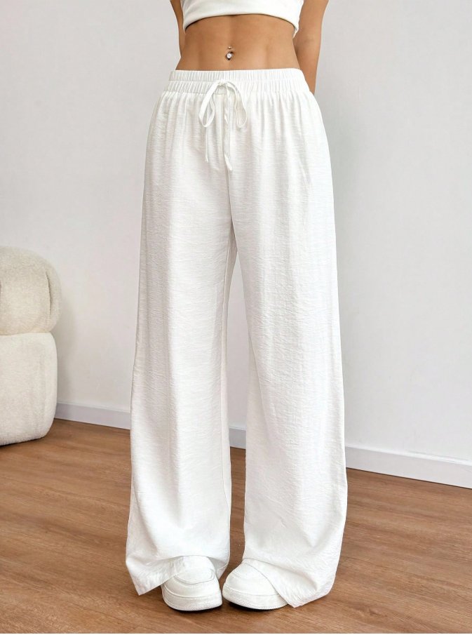 31% OFF Sweetra Women's Linen Elastic Waist Wide Leg Straight Pants, Casual Resort Style, Spring/Summer Fall Cloth For Women