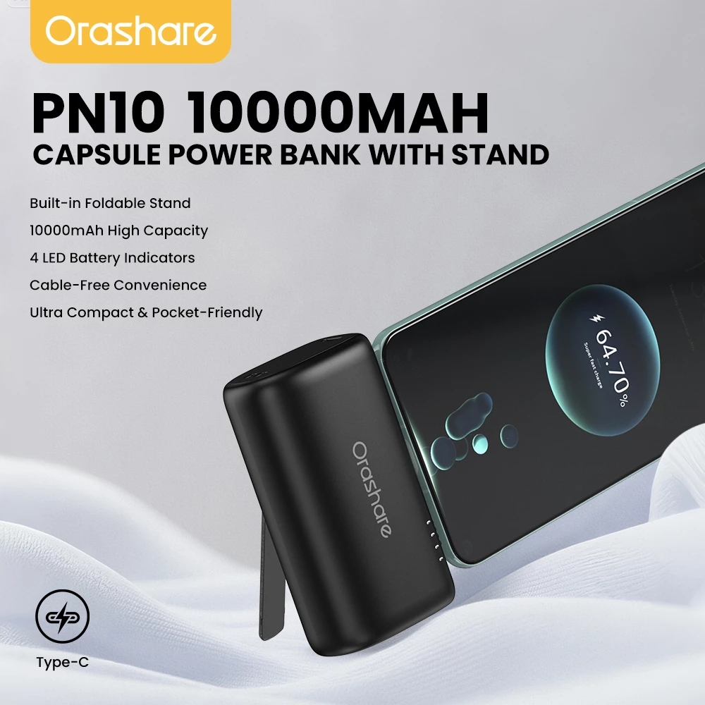 AFTER VOUCHER DISCOUNT ONLY! Orashare PN10 10000mAh Mini Powerbank Built-in Light ning/Type-C Portable Charger Port With Stand